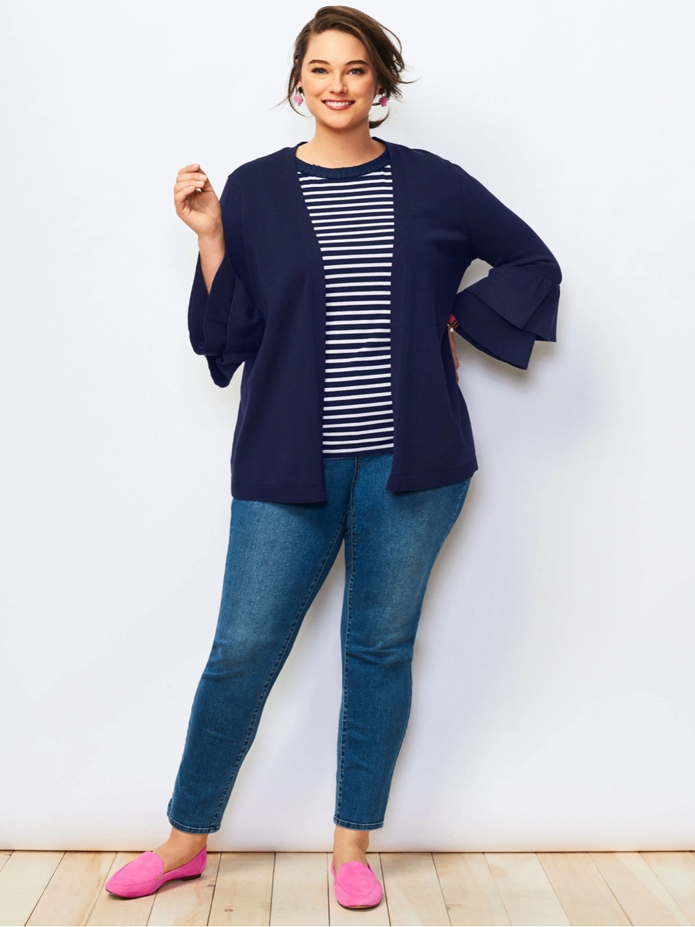 Talbots 2XL Open front cardigan flounce sleeve navy blue euc